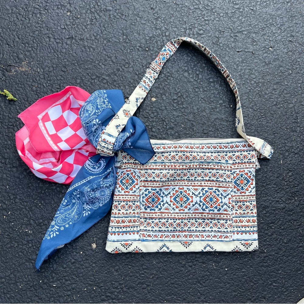 Artisanal handcrafted Patterned Shoulder Bag with Scarf Bandanda Accent - New